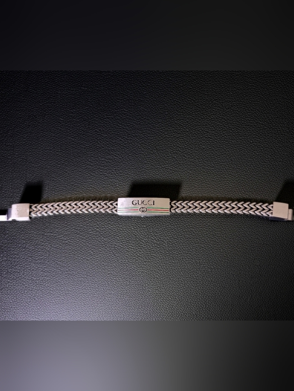 Silver Braided ID Bracelet with Green-Red-Green Stripe